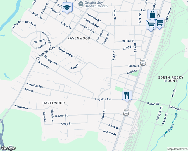 map of restaurants, bars, coffee shops, grocery stores, and more near 517 Ravenwood Drive in Rocky Mount