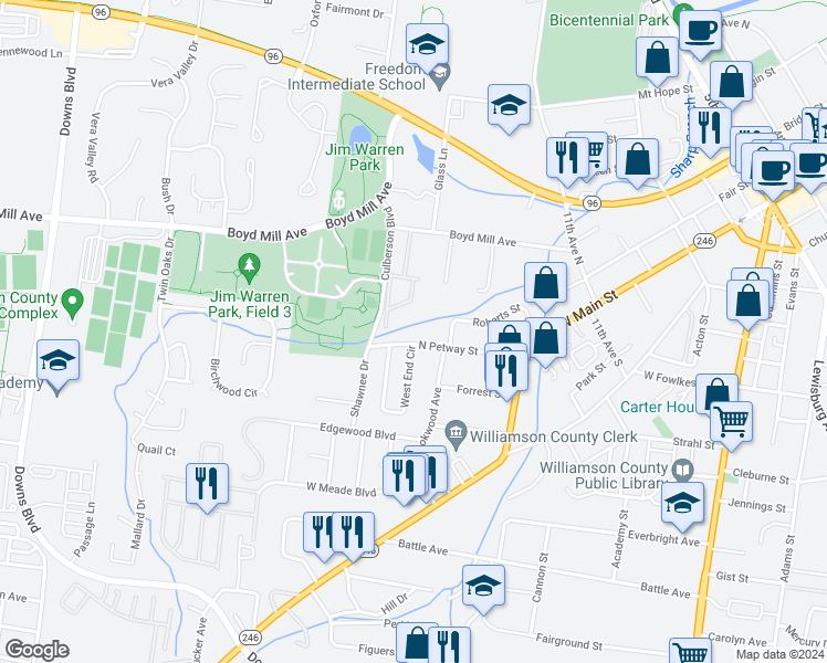 map of restaurants, bars, coffee shops, grocery stores, and more near 514 North Petway Street in Franklin