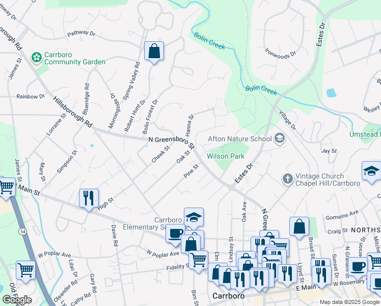 map of restaurants, bars, coffee shops, grocery stores, and more near 1300 North Greensboro Street in Carrboro