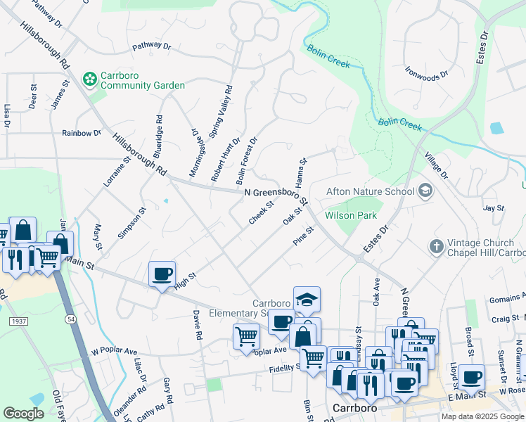 map of restaurants, bars, coffee shops, grocery stores, and more near 1507 North Greensboro Street in Carrboro