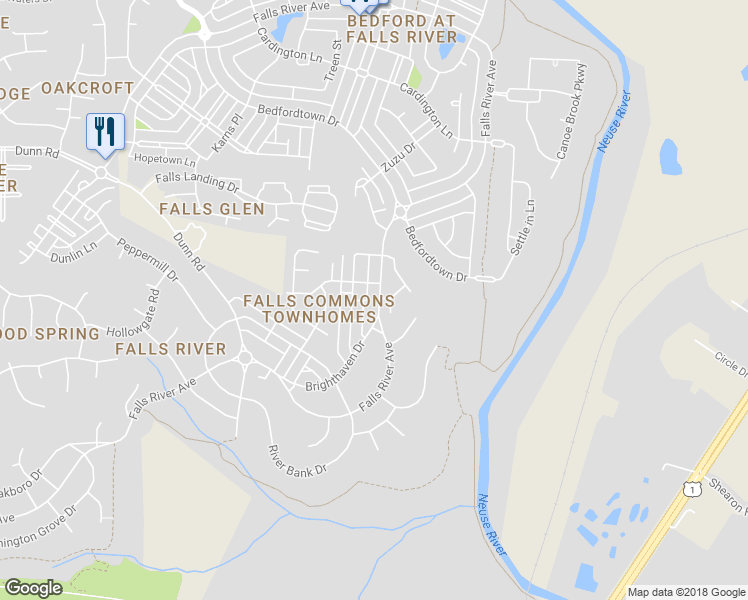 map of restaurants, bars, coffee shops, grocery stores, and more near 2727 Falls River Avenue in Raleigh