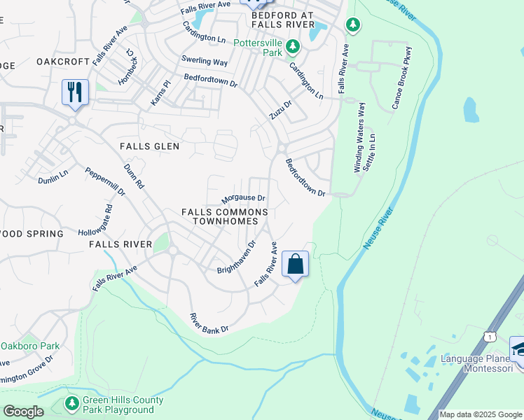 map of restaurants, bars, coffee shops, grocery stores, and more near 2727 Falls River Avenue in Raleigh