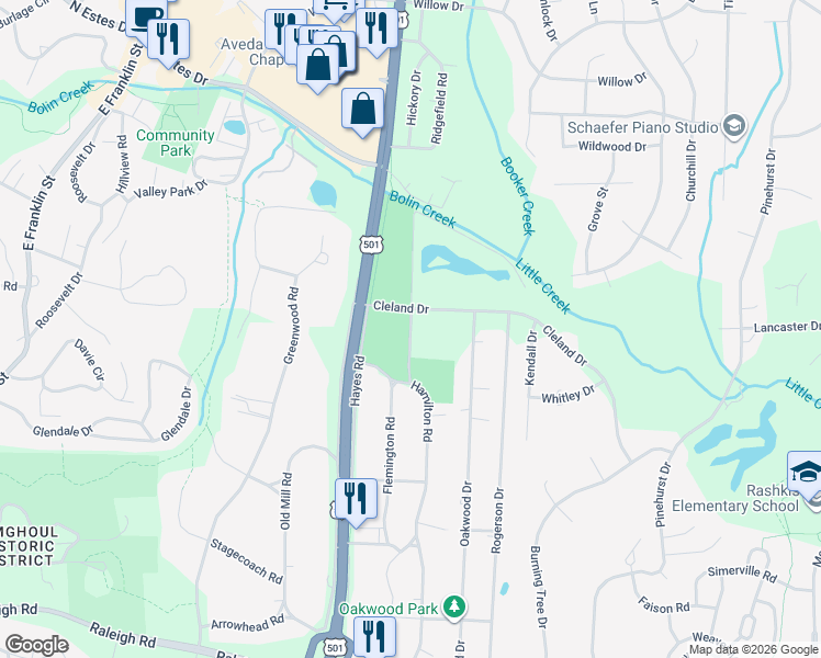 map of restaurants, bars, coffee shops, grocery stores, and more near 192 Hamilton Road in Chapel Hill