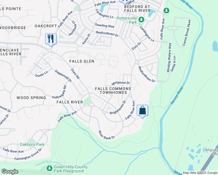 map of restaurants, bars, coffee shops, grocery stores, and more near 2406 Morgause Drive in Raleigh