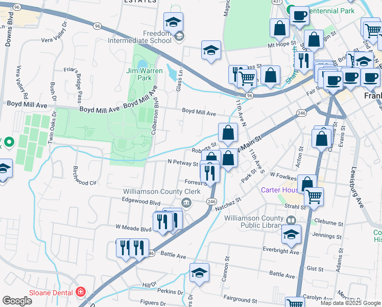 map of restaurants, bars, coffee shops, grocery stores, and more near 423 Roberts Street in Franklin