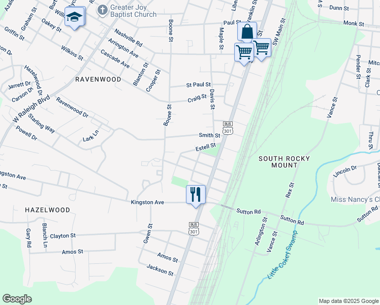 map of restaurants, bars, coffee shops, grocery stores, and more near 415 Estell Street in Rocky Mount