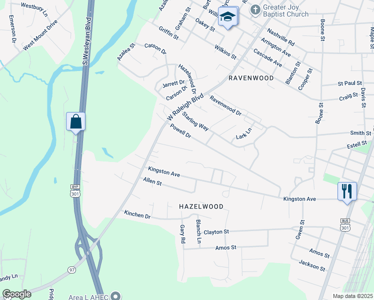 map of restaurants, bars, coffee shops, grocery stores, and more near 713 Powell Drive in Rocky Mount