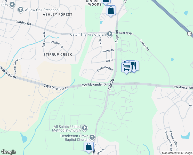 map of restaurants, bars, coffee shops, grocery stores, and more near 2729 Evanston Avenue in Durham