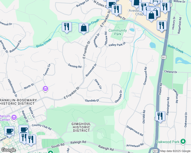 map of restaurants, bars, coffee shops, grocery stores, and more near 205 Marilyn Lane in Chapel Hill