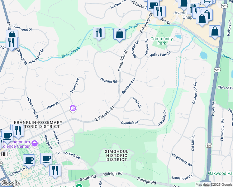 map of restaurants, bars, coffee shops, grocery stores, and more near 438A Deming Road in Chapel Hill