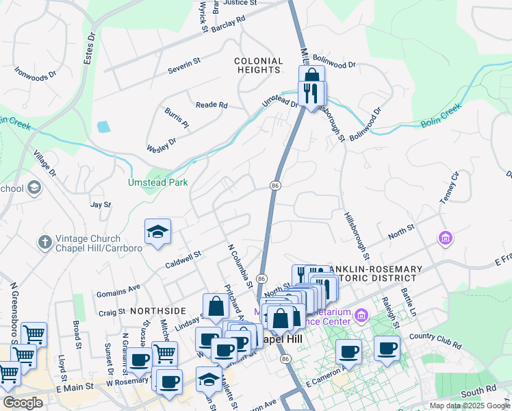 map of restaurants, bars, coffee shops, grocery stores, and more near 310 North Columbia Street in Chapel Hill