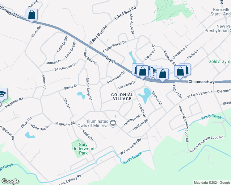 map of restaurants, bars, coffee shops, grocery stores, and more near 122 Lakeview Drive in Knoxville