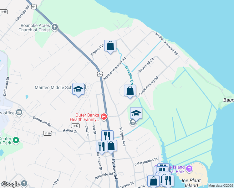 map of restaurants, bars, coffee shops, grocery stores, and more near 139 Arbor Drive in Manteo