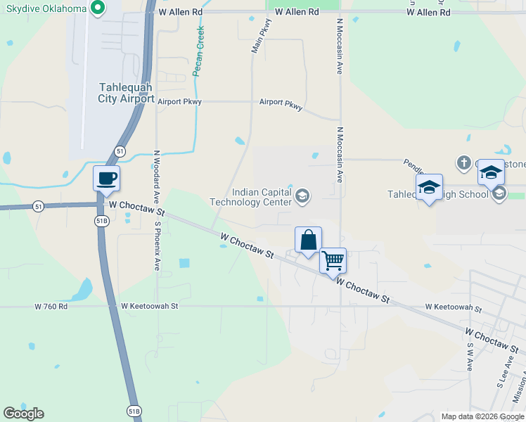 map of restaurants, bars, coffee shops, grocery stores, and more near in Tahlequah