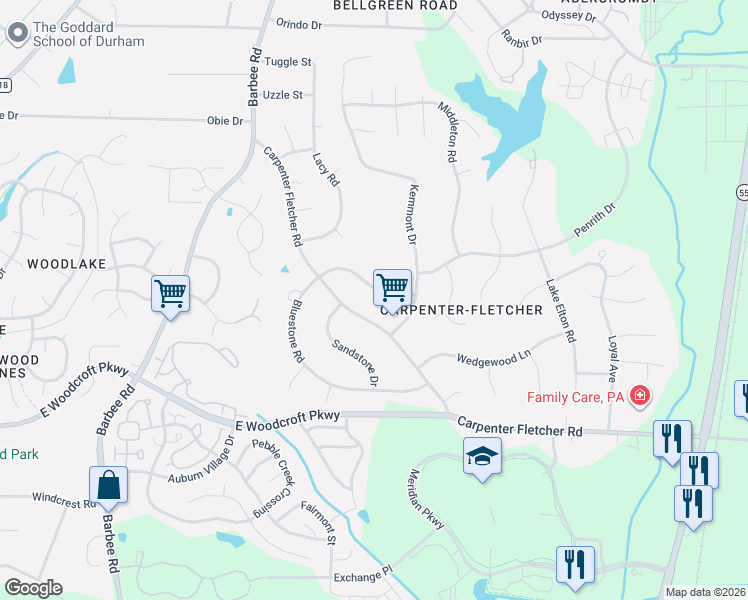 map of restaurants, bars, coffee shops, grocery stores, and more near 549 Bluestone Road in Durham