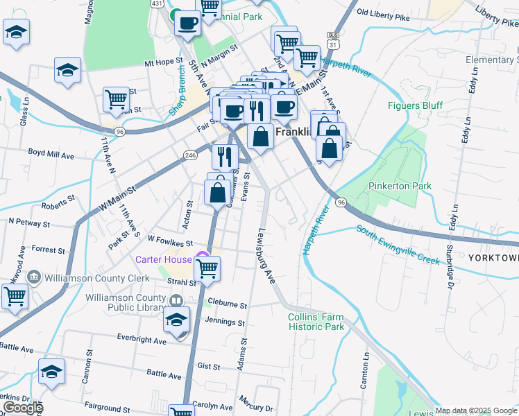 map of restaurants, bars, coffee shops, grocery stores, and more near 104 Lewisburg Avenue in Franklin