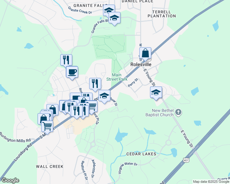 map of restaurants, bars, coffee shops, grocery stores, and more near 205 South Main Street in Rolesville