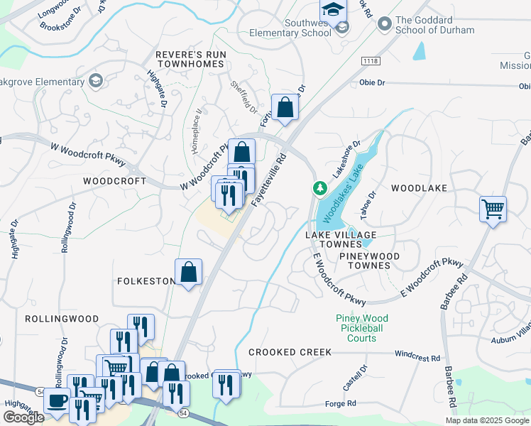 map of restaurants, bars, coffee shops, grocery stores, and more near 5804 Tattersall Drive in Durham