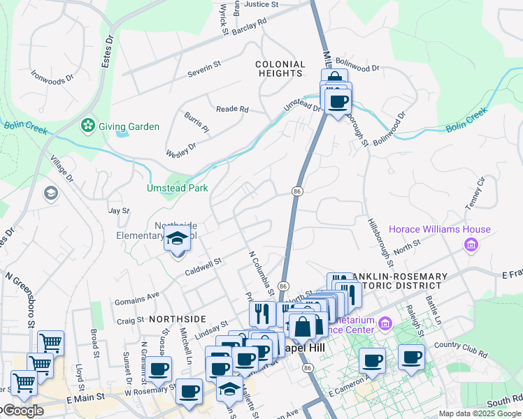 map of restaurants, bars, coffee shops, grocery stores, and more near 310 North Columbia Street in Chapel Hill