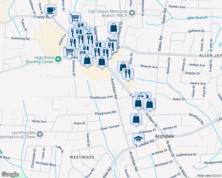 map of restaurants, bars, coffee shops, grocery stores, and more near 2916 Archdale Road in Archdale