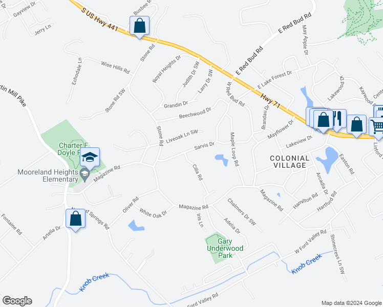 map of restaurants, bars, coffee shops, grocery stores, and more near 309 Sarvis Drive in Knoxville
