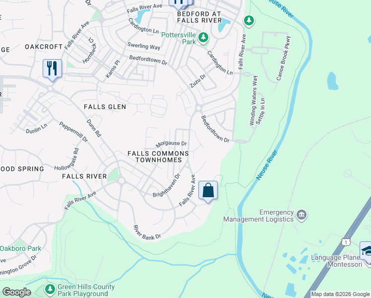 map of restaurants, bars, coffee shops, grocery stores, and more near 2731 Falls River Avenue in Raleigh