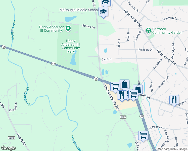 map of restaurants, bars, coffee shops, grocery stores, and more near 200 North Carolina Highway 54 West in Chapel Hill