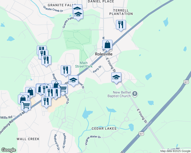 map of restaurants, bars, coffee shops, grocery stores, and more near 102 Glenn Circle in Rolesville