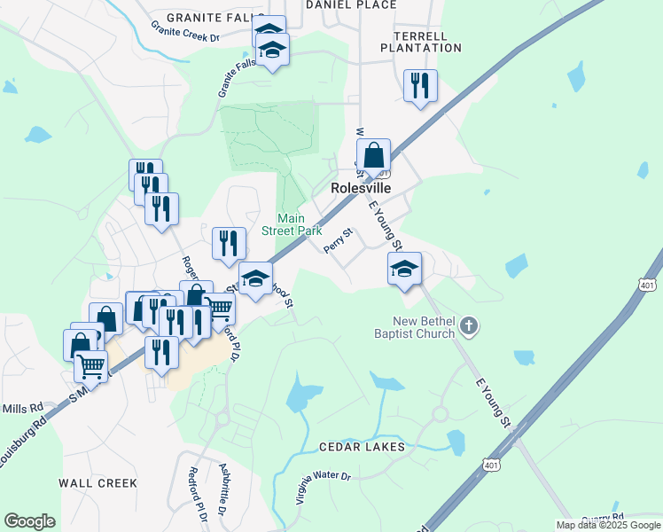 map of restaurants, bars, coffee shops, grocery stores, and more near 102 Glenn Circle in Rolesville