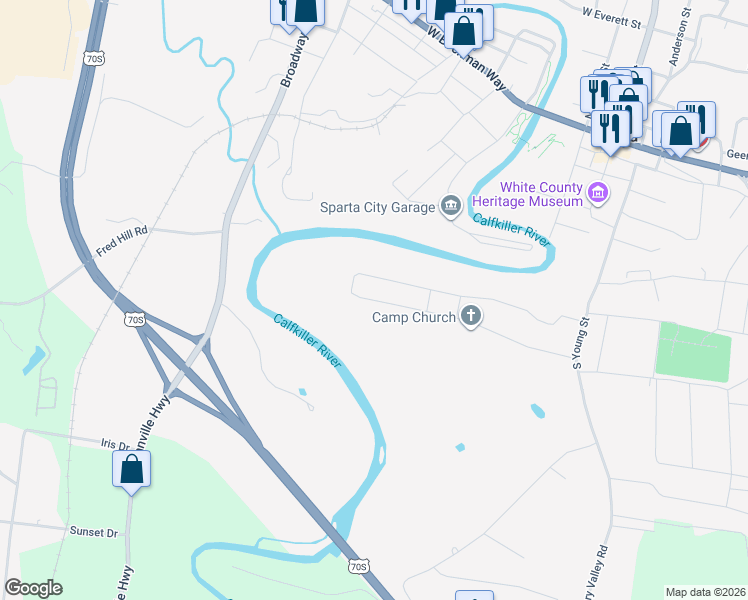 map of restaurants, bars, coffee shops, grocery stores, and more near 228 South Camp Heights Drive in Sparta