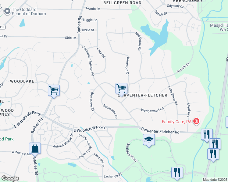 map of restaurants, bars, coffee shops, grocery stores, and more near 549 Bluestone Road in Durham