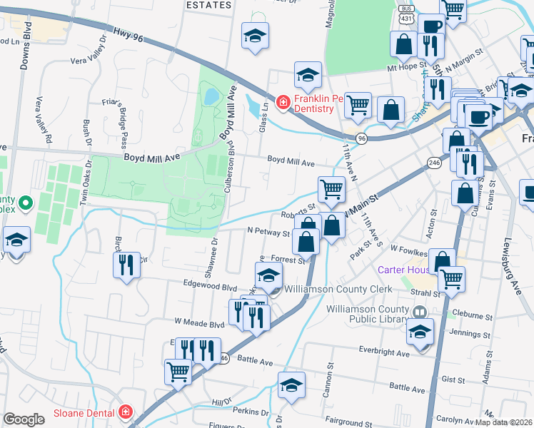 map of restaurants, bars, coffee shops, grocery stores, and more near 432 Roberts Street in Franklin