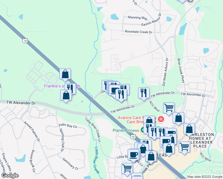 map of restaurants, bars, coffee shops, grocery stores, and more near 4229 Corners Parkway in Durham