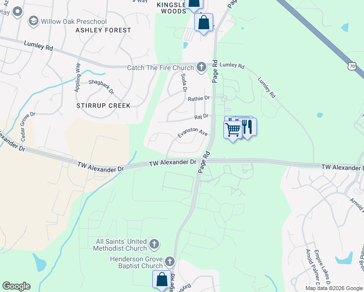map of restaurants, bars, coffee shops, grocery stores, and more near 2729 Evanston Avenue in Durham