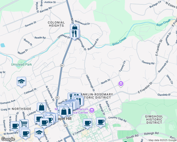 map of restaurants, bars, coffee shops, grocery stores, and more near 430 Hillsborough Street in Chapel Hill