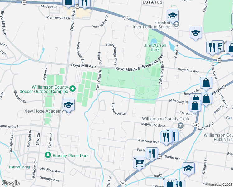 map of restaurants, bars, coffee shops, grocery stores, and more near 1599 Birchwood Circle in Franklin