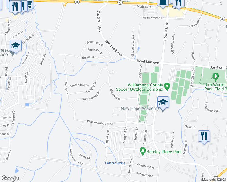 map of restaurants, bars, coffee shops, grocery stores, and more near 3128 Winberry Drive in Franklin