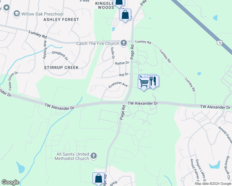 map of restaurants, bars, coffee shops, grocery stores, and more near 221 Westgrove Court in Durham
