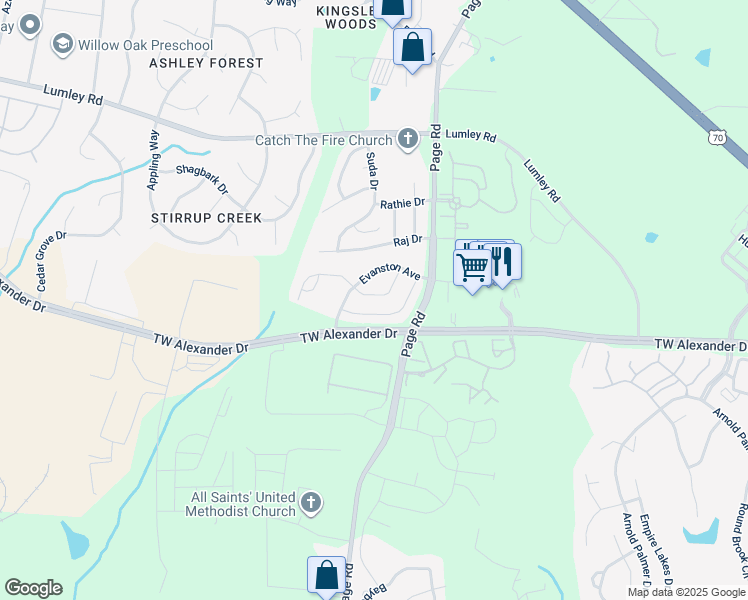map of restaurants, bars, coffee shops, grocery stores, and more near 227 Westgrove Court in Durham