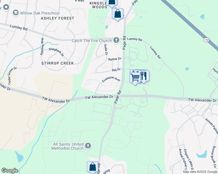 map of restaurants, bars, coffee shops, grocery stores, and more near 221 Westgrove Court in Durham