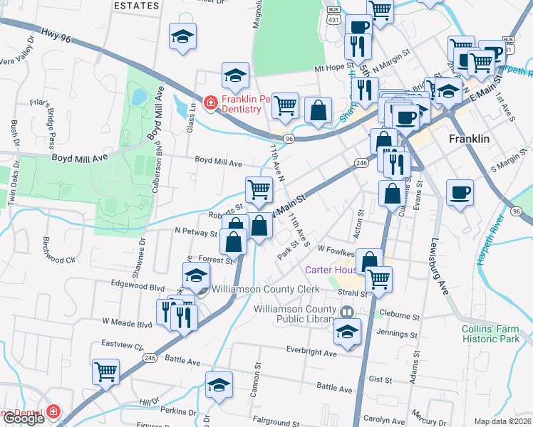 map of restaurants, bars, coffee shops, grocery stores, and more near 1118 West Main Street in Franklin