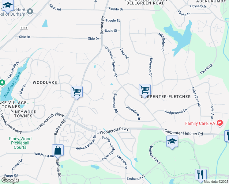 map of restaurants, bars, coffee shops, grocery stores, and more near 735 Bluestone Road in Durham