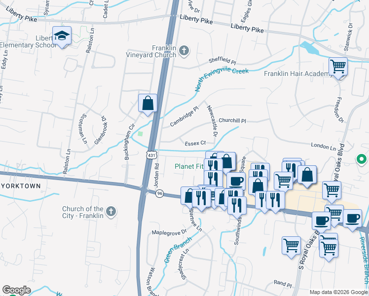 map of restaurants, bars, coffee shops, grocery stores, and more near 102 Essex Court in Franklin