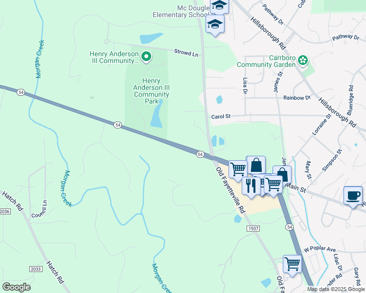 map of restaurants, bars, coffee shops, grocery stores, and more near North Carolina Highway 54 West in Chapel Hill