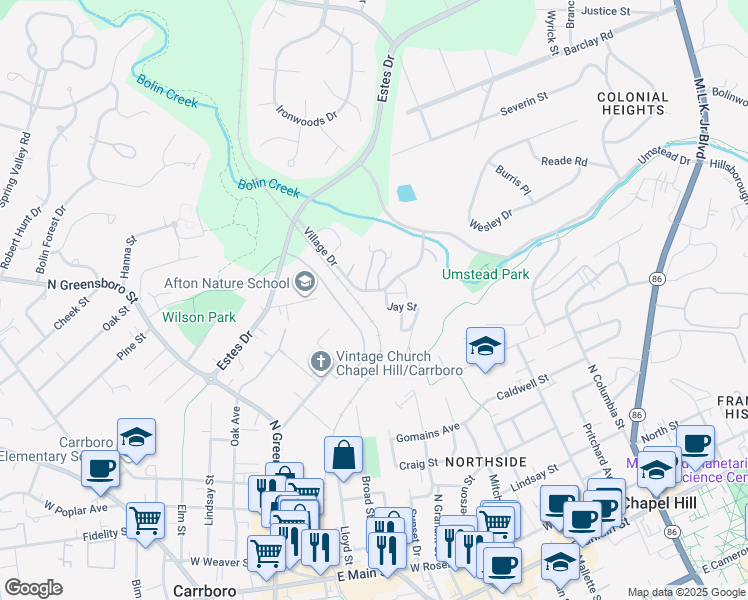 map of restaurants, bars, coffee shops, grocery stores, and more near 100 Jay Street in Chapel Hill