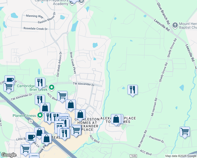 map of restaurants, bars, coffee shops, grocery stores, and more near 7721 Crystal Springs Circle in Raleigh