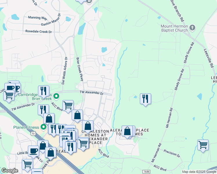 map of restaurants, bars, coffee shops, grocery stores, and more near 7721 Crystal Springs Circle in Raleigh