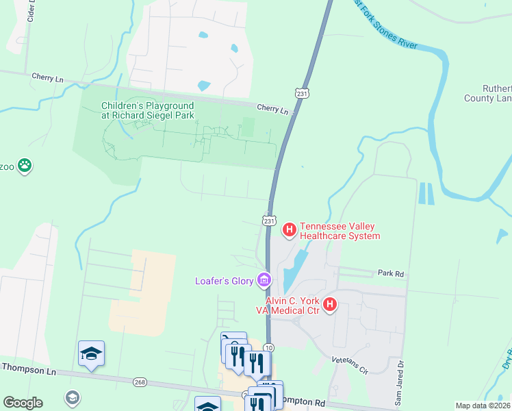 map of restaurants, bars, coffee shops, grocery stores, and more near 135 Fairmont Drive in Murfreesboro