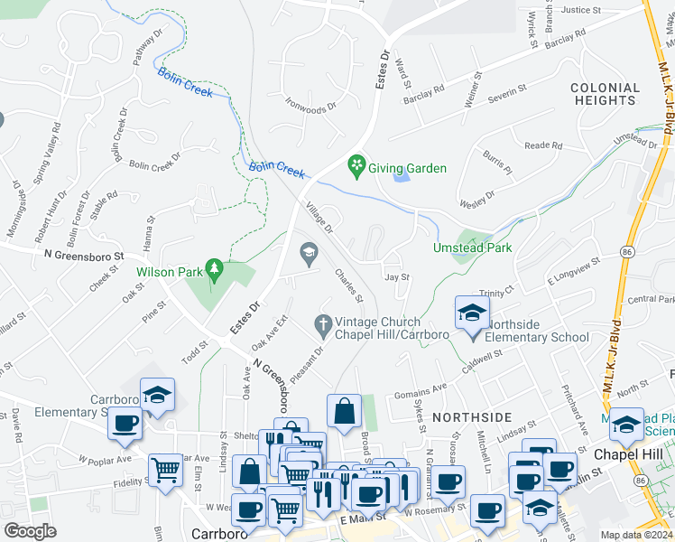 map of restaurants, bars, coffee shops, grocery stores, and more near Estes Park Apartment in Carrboro