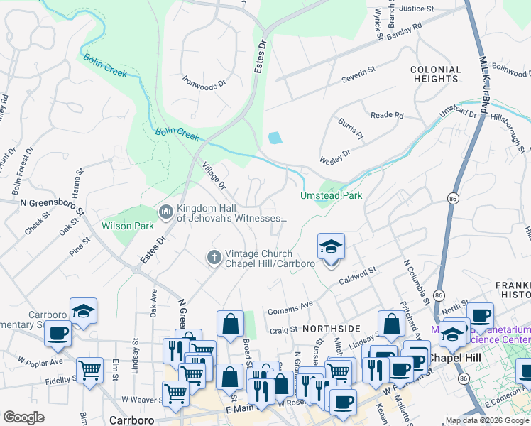 map of restaurants, bars, coffee shops, grocery stores, and more near 21 Bluff Trail in Chapel Hill